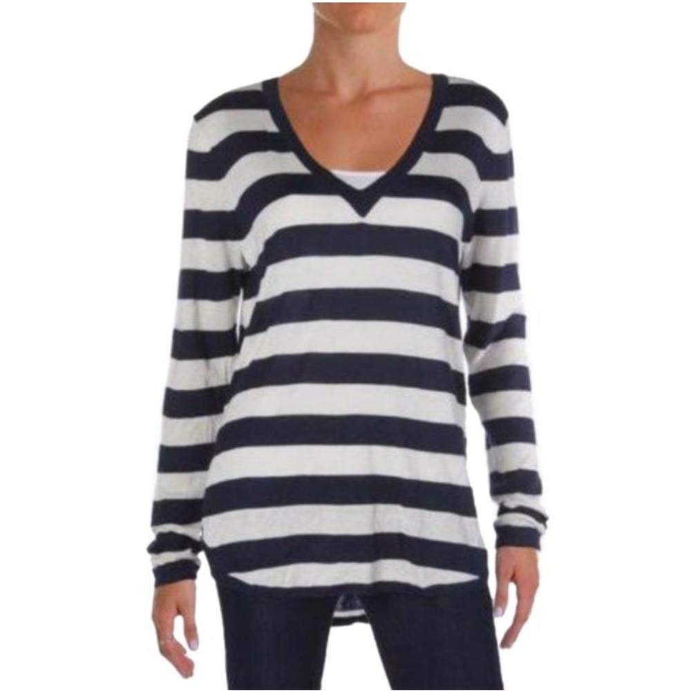 Lauren Ralph Lauren Navy and Cream Striped V-Neck Silk Blend Top Size Medium